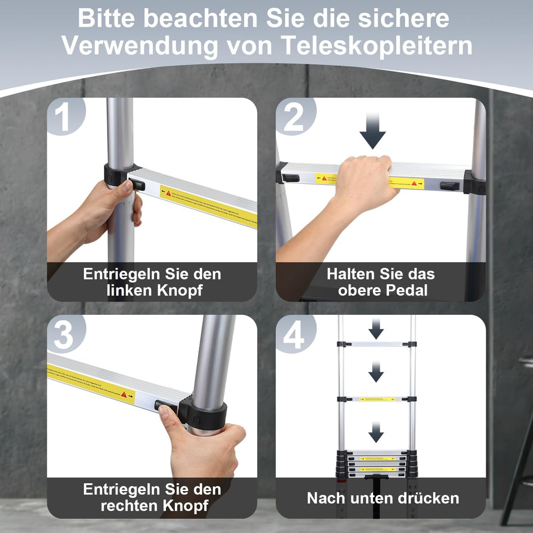Fiqops 2,6 M Teleskopleiter, Rutschfester Aluminium Stehleiter 150 kg/330 Pfund, Belastbarkeit Auszi