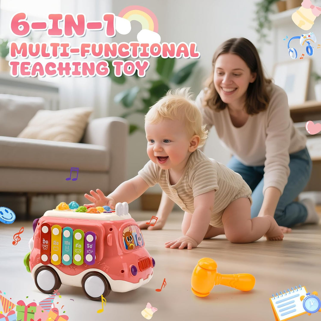 Baby Spielzeug ab 1 Jahr, Musikalischer Bus Kinderspielzeug mit Xylophon,Hammerspiel, Montessori Mus