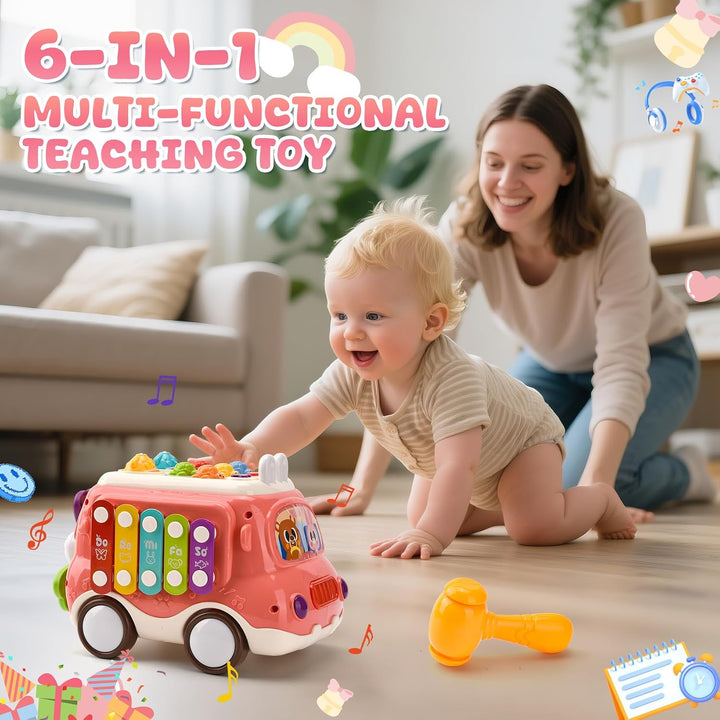 Baby Spielzeug ab 1 Jahr, Musikalischer Bus Kinderspielzeug mit Xylophon,Hammerspiel, Montessori Mus