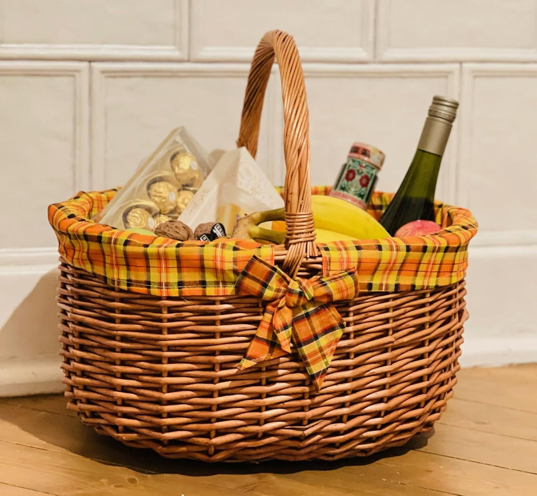 grosser Einkaufskorb aus Weide, mit Karierter Textileinlage, Bügelkorb, Weidenkorb,