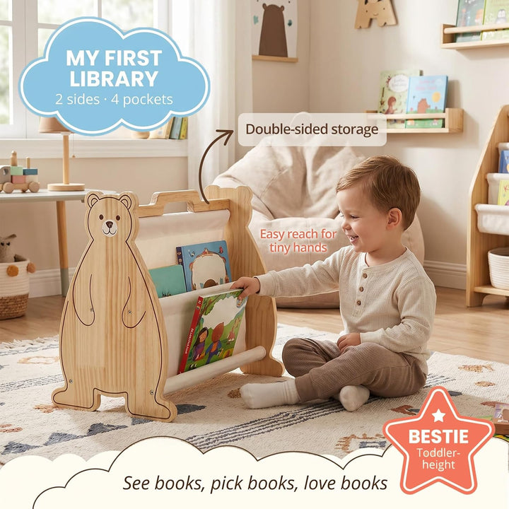 Montessori Bücherregal Kinder, Doppelseitiges Holzregal mit Tragegriff | Tragbares Holz Montessori B