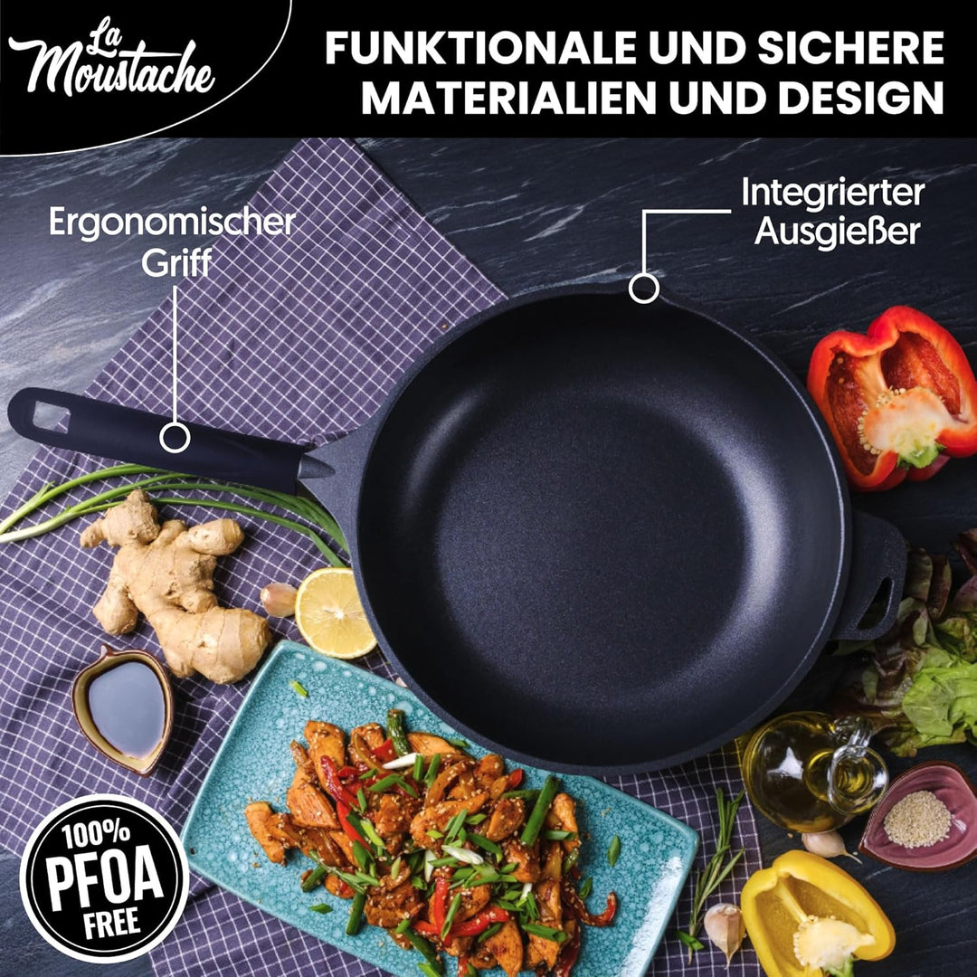 La Moustache - Pfanne 28 cm mit Glasdeckel, 100% PFOA-Freie, Optimale Wärmeverteilung - Antihaftbesc