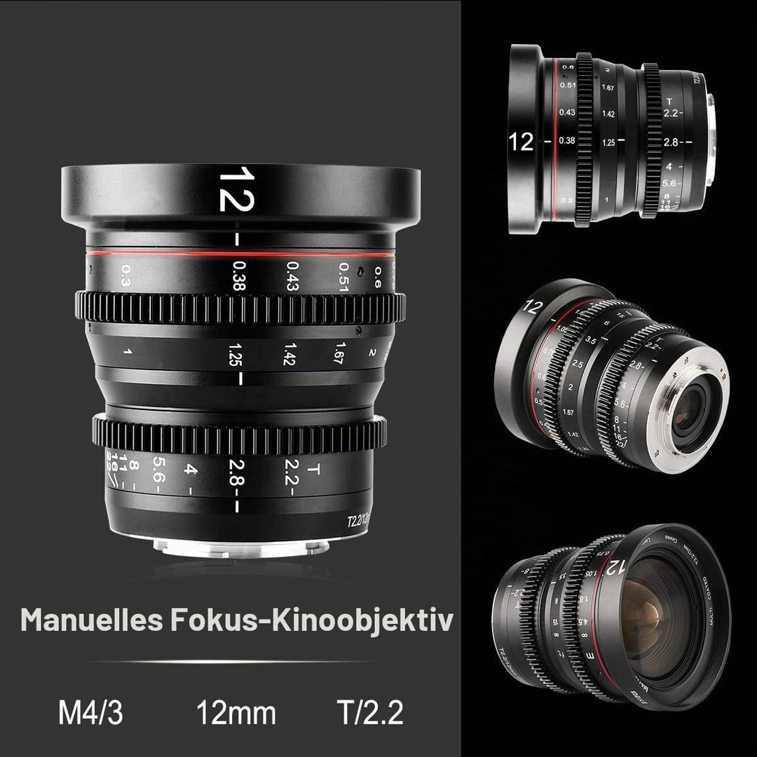 MEKE 12mm T2.2 grosse Blende, manueller Fokus, niedrige Verzerrung, 4K Mini-Cine-Objektiv für Micro