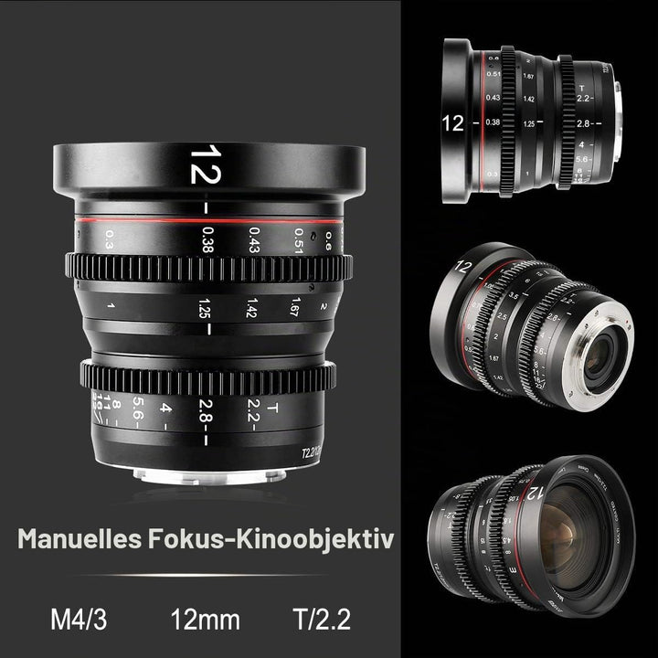 MEKE 12mm T2.2 grosse Blende, manueller Fokus, niedrige Verzerrung, 4K Mini-Cine-Objektiv für Micro