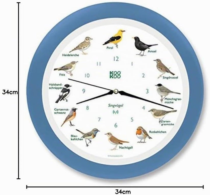 KOOKOO Singvögel Himmel-Blau, Die Singende Vogeluhr, mit 12 heimischen Singvögeln und echten, natürl