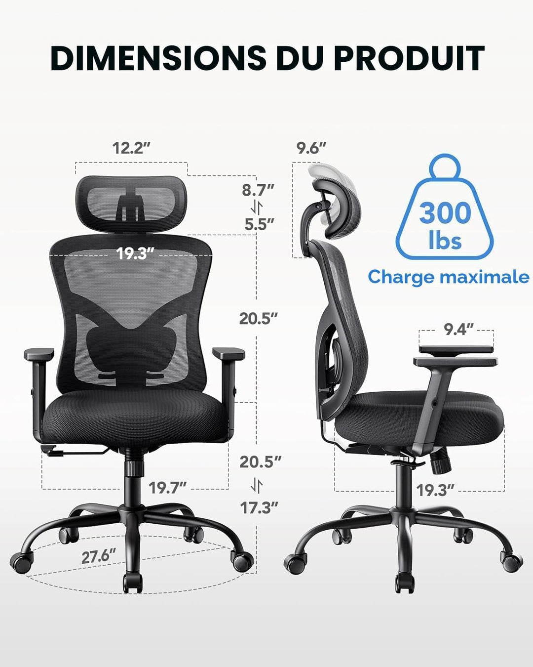 NOBLEWELL Bürostuhl Ergonomisch mit Stummrädern, Schreibtischstuhl mit Wippfunktion &amp; verstellbare H