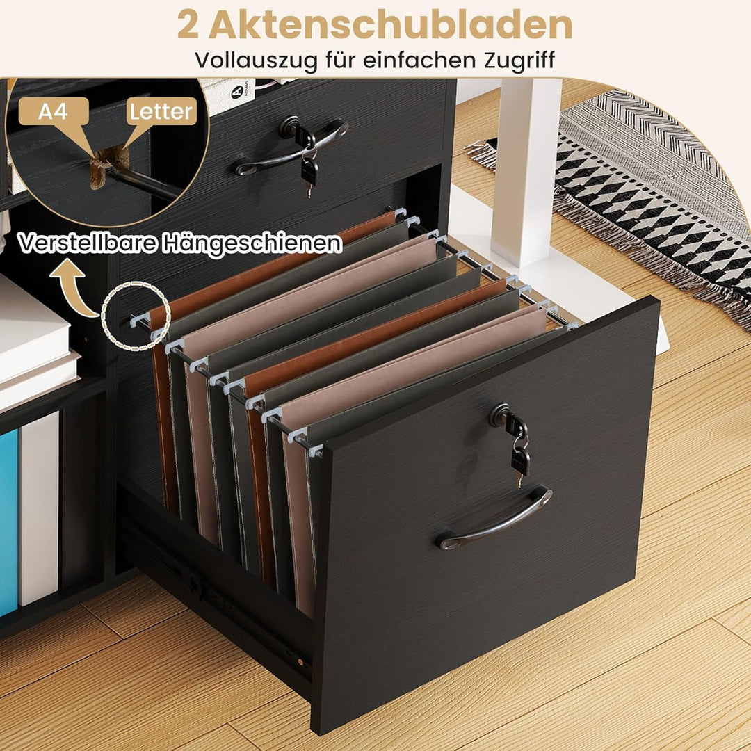 COSTWAY Rollcontainer mit 4 Schubladen, mobiler Aktenschrank abschliessbar mit verstellbarem Regal &