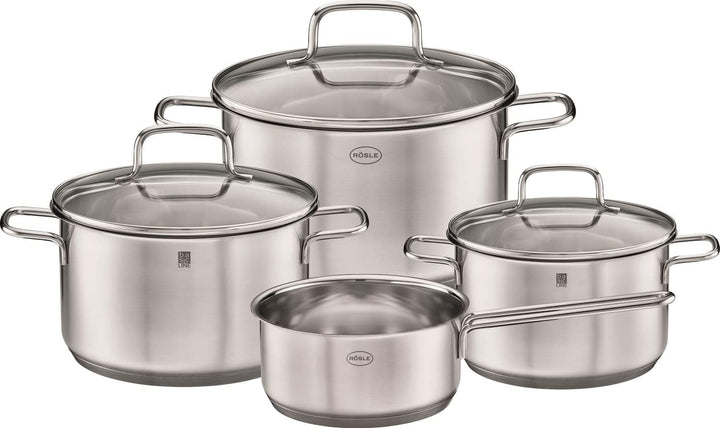 RÖSLE Basic Line Topf-Set 4-tlg., 3 Universaltöpfe, 1 Stielkasserolle, Edelstahl 18/10, mit Glasdeck