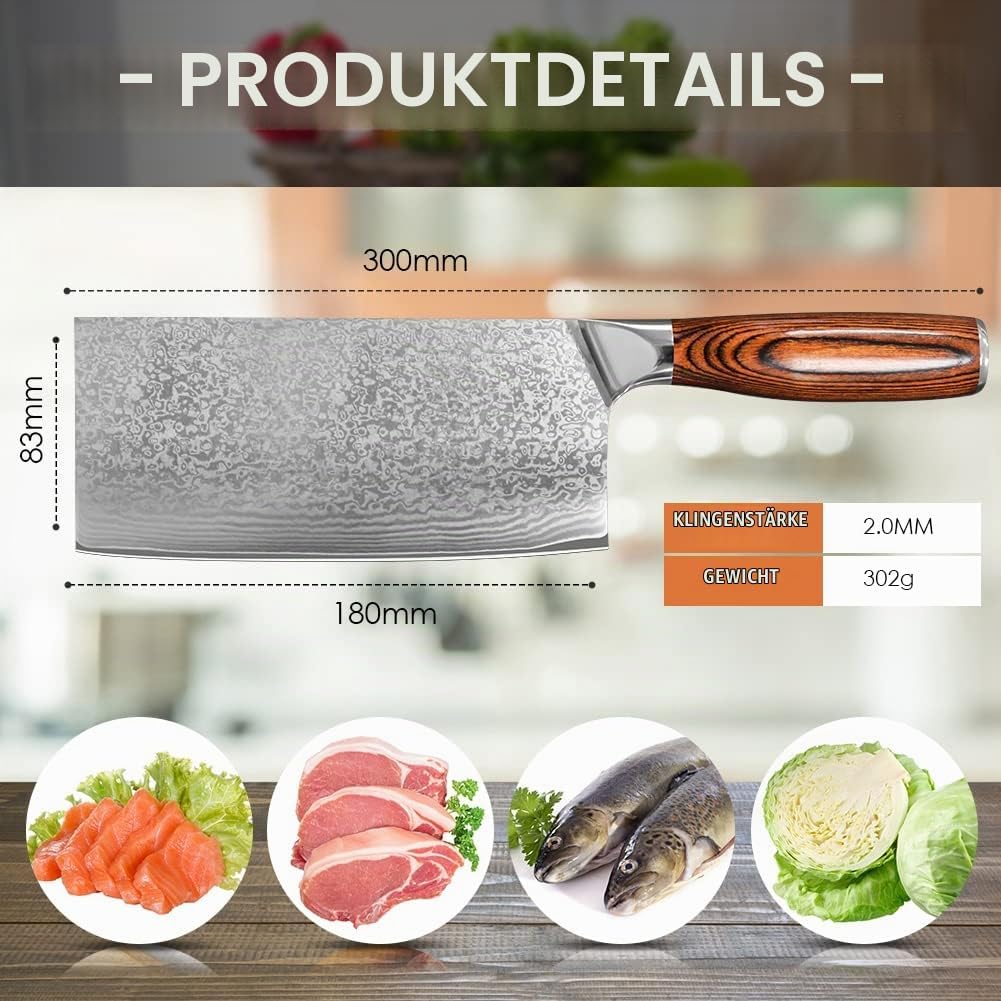 Home Safety Damastmesser Japanisches Kochmesser - Profi Fleischmesser aus echtem Damaststahl für Küc