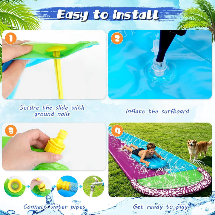 Wasserrutsche Garten für Kinder, 610x240cm Wasserrutschmatte mit 2 Bodyboards, Doppelrutsche mit Ein