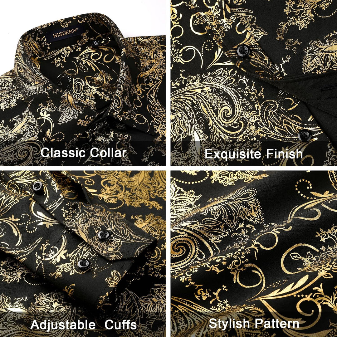 HISDERN Herren Paisley Hemd Langarm Satin Blumen Muster Hemd für Männer Jacquard Stickerei Freizeith