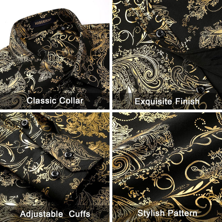 HISDERN Herren Paisley Hemd Langarm Satin Blumen Muster Hemd für Männer Jacquard Stickerei Freizeith