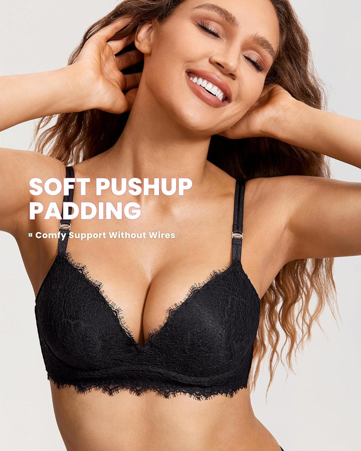 DOBREVA Damen Push Up BH ohne Bügel Soft Spitze Bügelloser BHS Sexy Bequem Gepolstert 70C Schwarz, 7