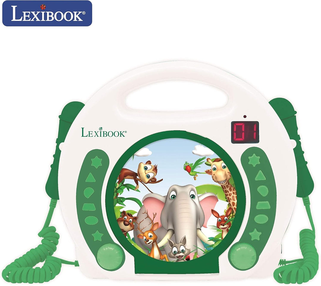 Lexibook - Tragbarer Tier-CD-Player mit Mikrofonen, Griff, Programmierung, Wiederholung, Karaoke, Ds