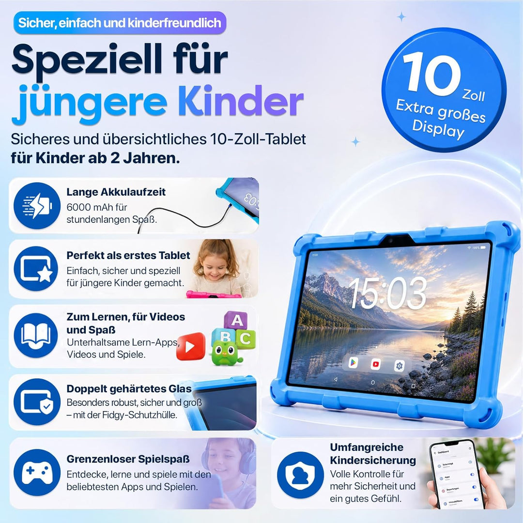 AngelTech Kindertablet XL - 10 Zoll HD - 3 + 4 GB RAM - 32 + 64 GB ROM (Blau) blu, blu