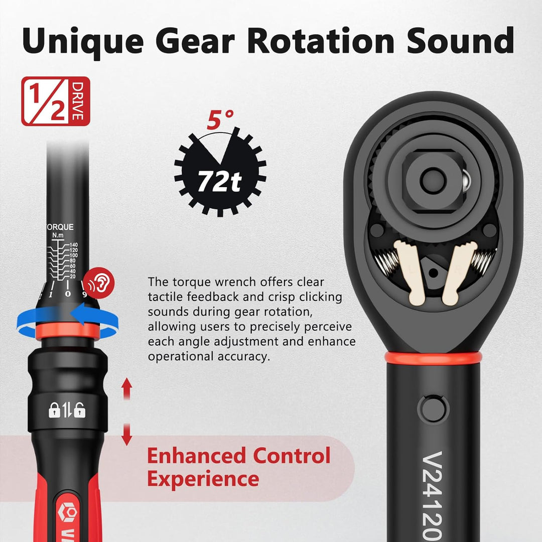 VANPO Drehmomentschlüssel 1/2 Zoll, 20–140 Nm für Motorrad & Auto, ±3% Genauigkeit, 45cm Hebelarm, E