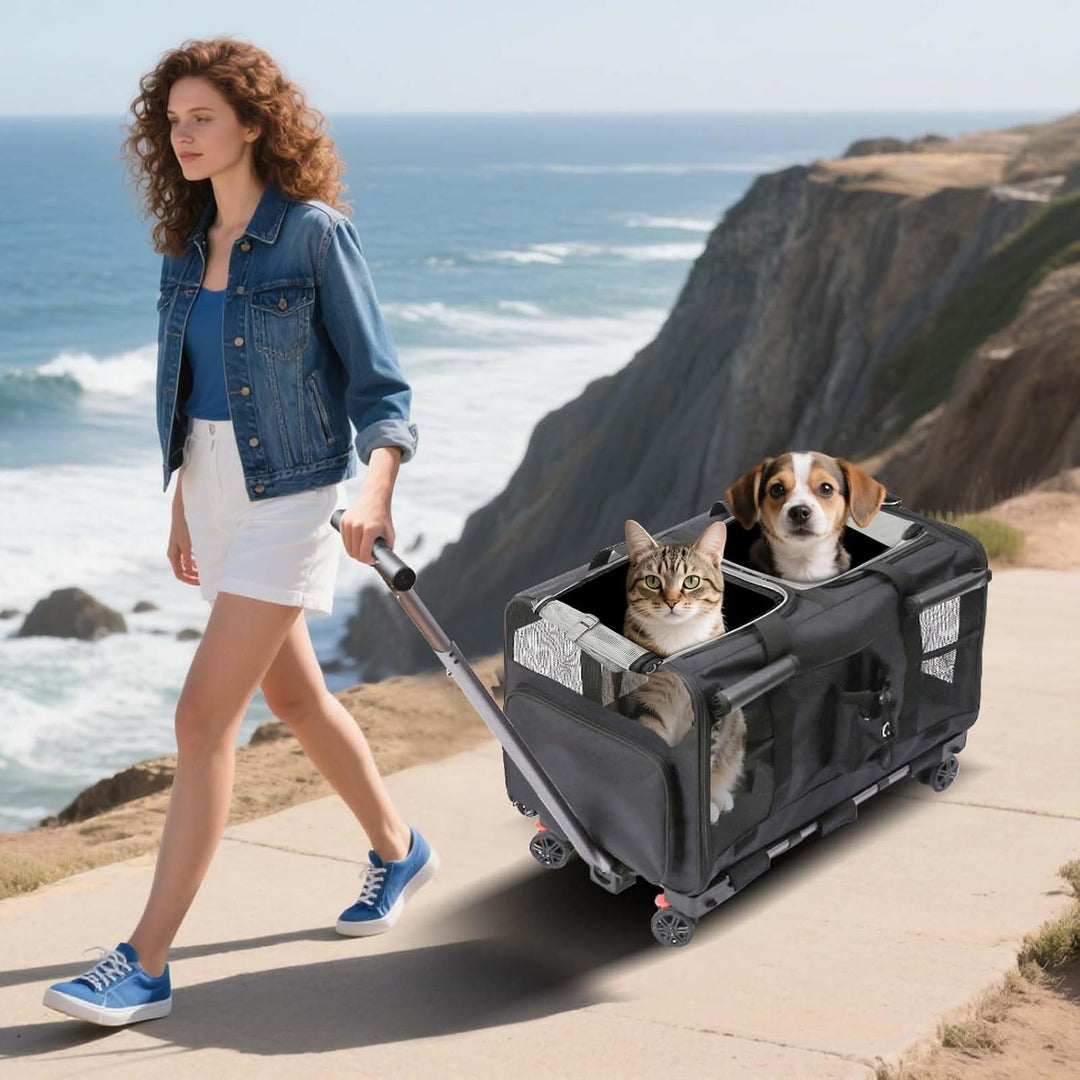 PETCUTE Transporttasche für Katze/Hund mit Zwei Fächern und Abnehmbaren Trolley,Atmungsaktiv Faltbar