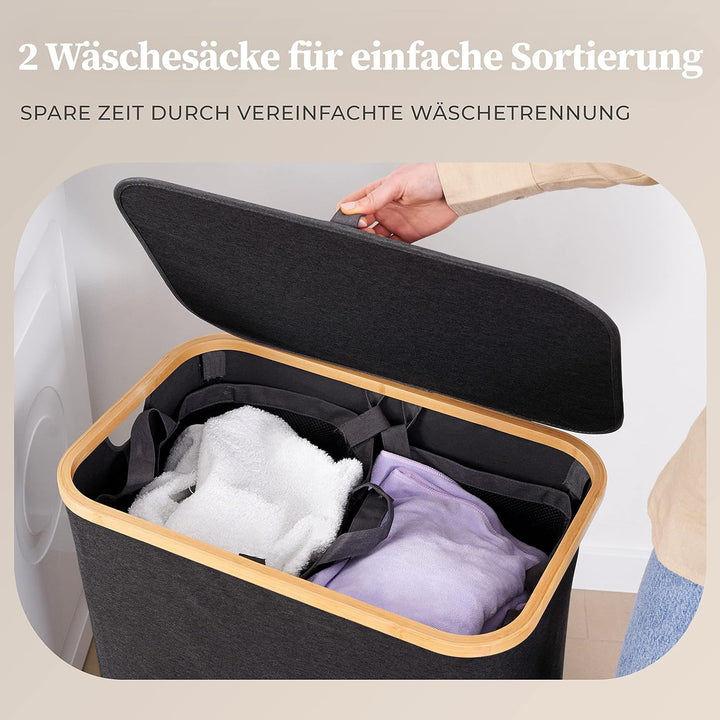 HENNEZ Wäschekorb mit Deckel 2 Fächer schmal grau 140L Wäschesack - Wäschesortierer Wäschebox Wäsche