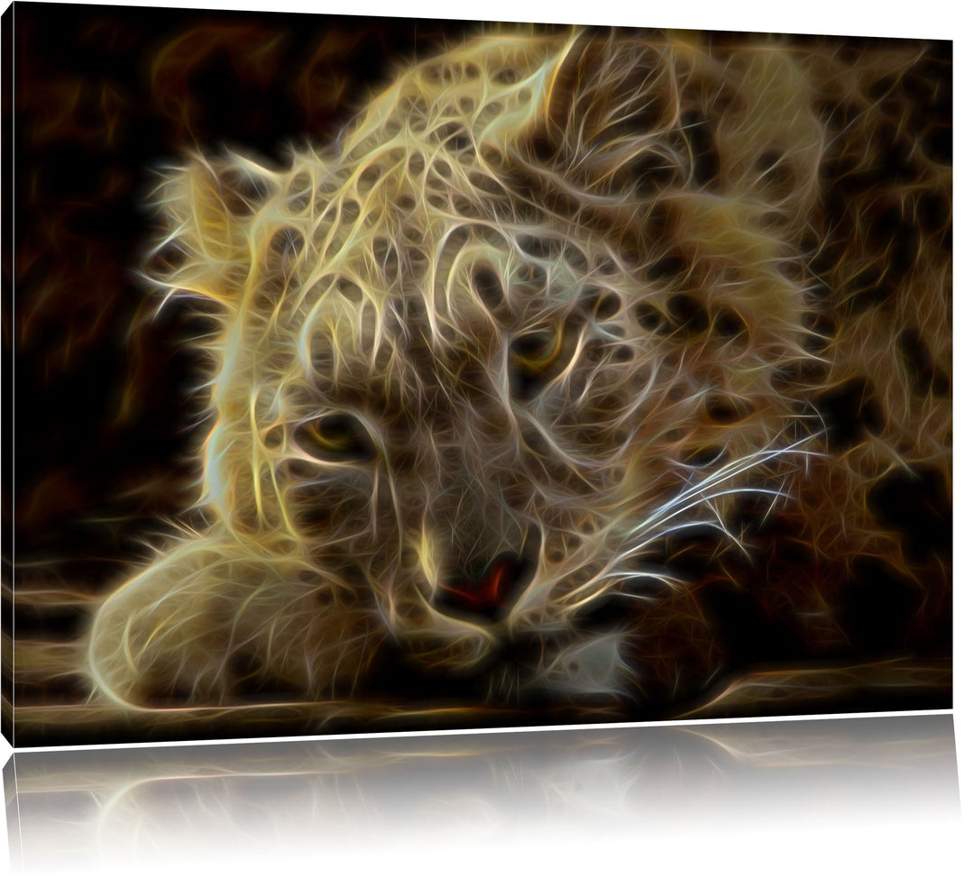Dark ruhender Schneeleopard Deluxe Format: 100x70 cm auf Leinwand, XXL riesige Bilder fertig gerahmt