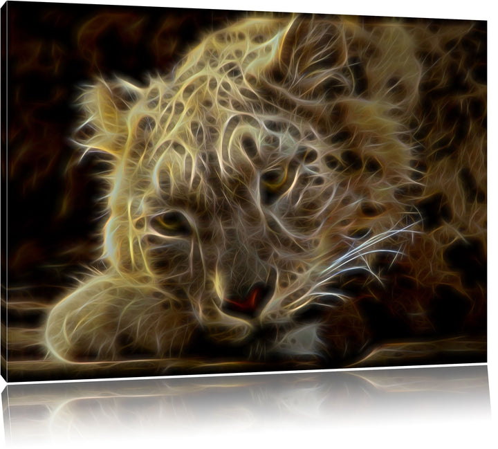 Dark ruhender Schneeleopard Deluxe Format: 100x70 cm auf Leinwand, XXL riesige Bilder fertig gerahmt