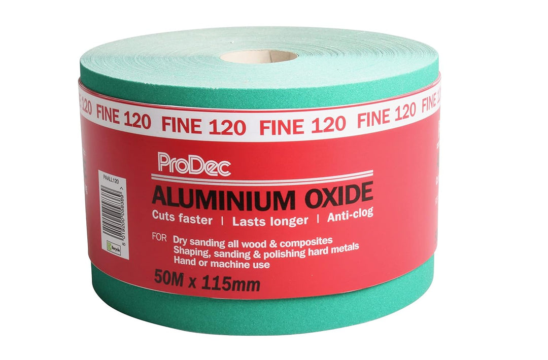 ProDec Schleifpapier, Körnung 120, fein, Aluminiumoxid, 50 m x 115 mm, Rolle, grün, PAALL120 Körnung