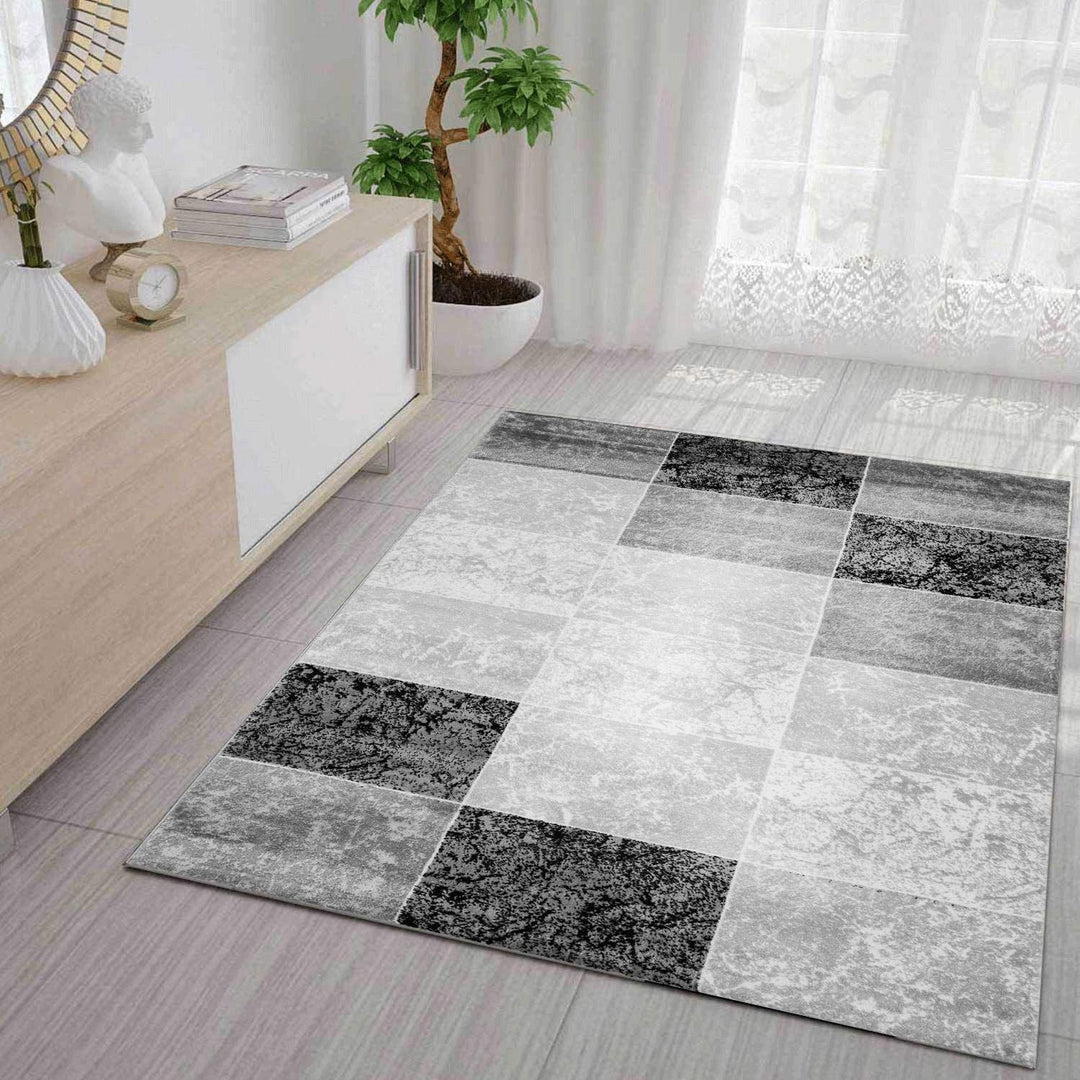 VIMODA Teppich Kurzflor Modern Kariert Marmor Muster Meliert in Grau Schwarz Weiss für Wohnzimmer, S