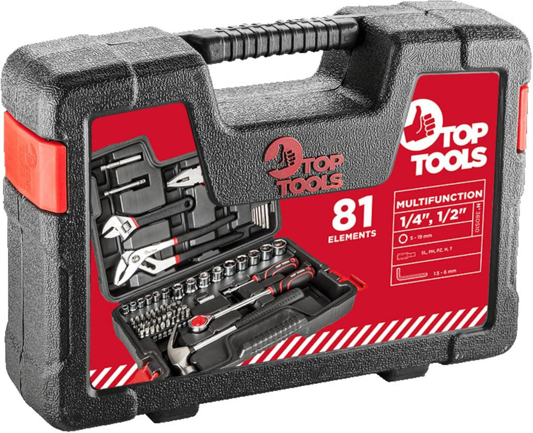 TOP TOOLS Werkzeugkoffer 81-teilig 1/4 & 1/2 Zoll – Steckschlüsselsatz mit Knarre, Zangen, Hammer &