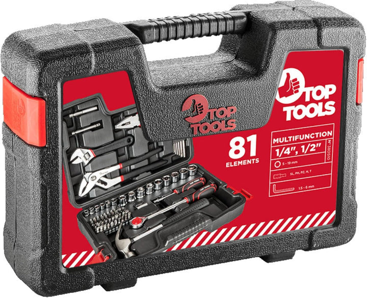 TOP TOOLS Werkzeugkoffer 81-teilig 1/4 & 1/2 Zoll – Steckschlüsselsatz mit Knarre, Zangen, Hammer &