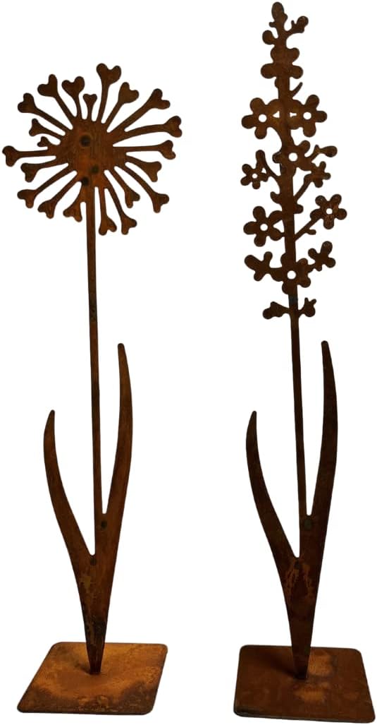 Terma Stahldesign Rost Figur Blumen Set 60cm mit Bodenplatte Handmade Germany Pusteblume für drausse