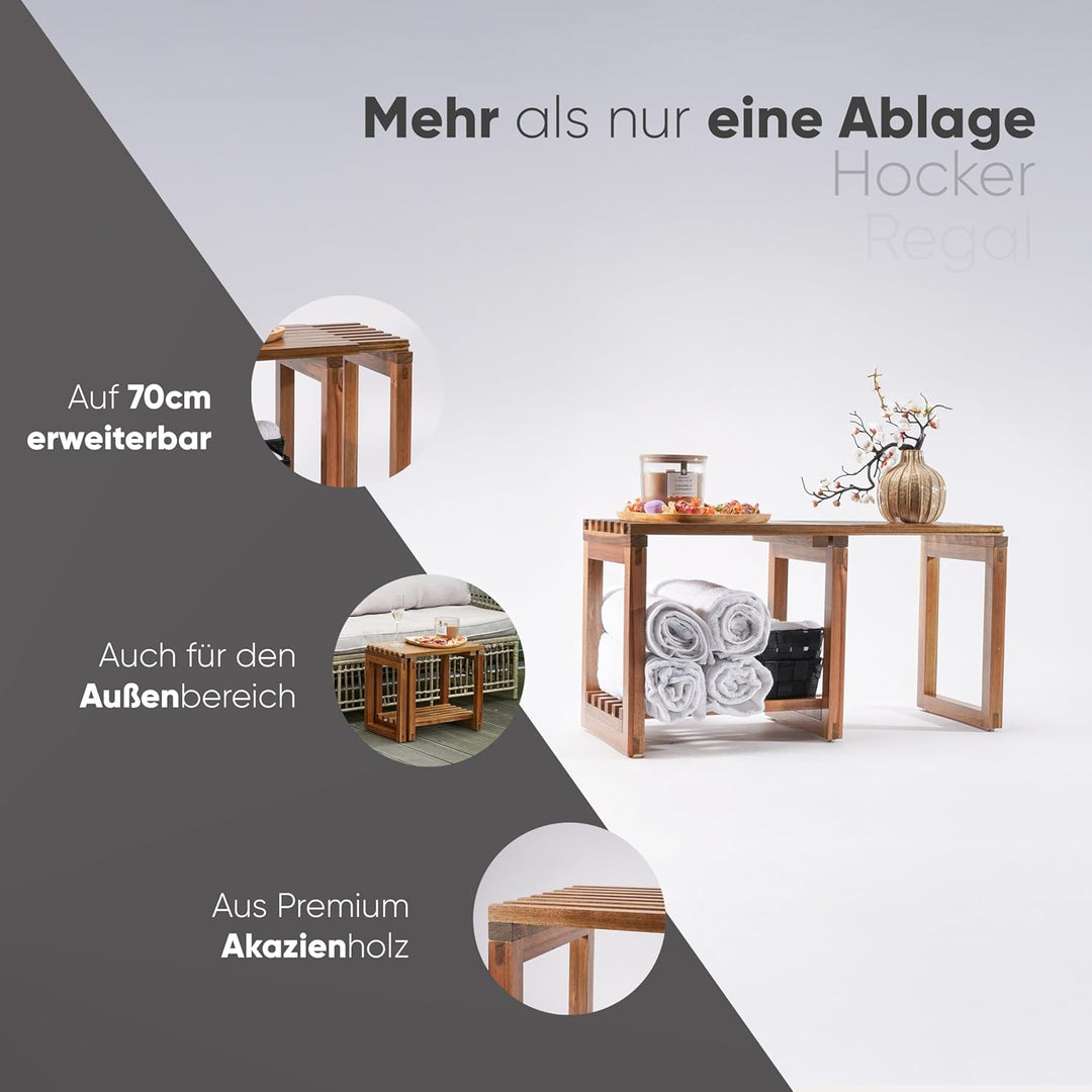 SVADA ausziehbarer Duschhocker aus Akazienholz - Duschbank Akazie mit Ablage - multifunktionale Saun