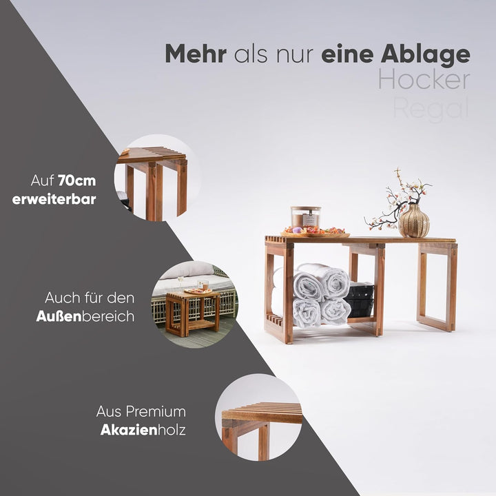 SVADA ausziehbarer Duschhocker aus Akazienholz - Duschbank Akazie mit Ablage - multifunktionale Saun