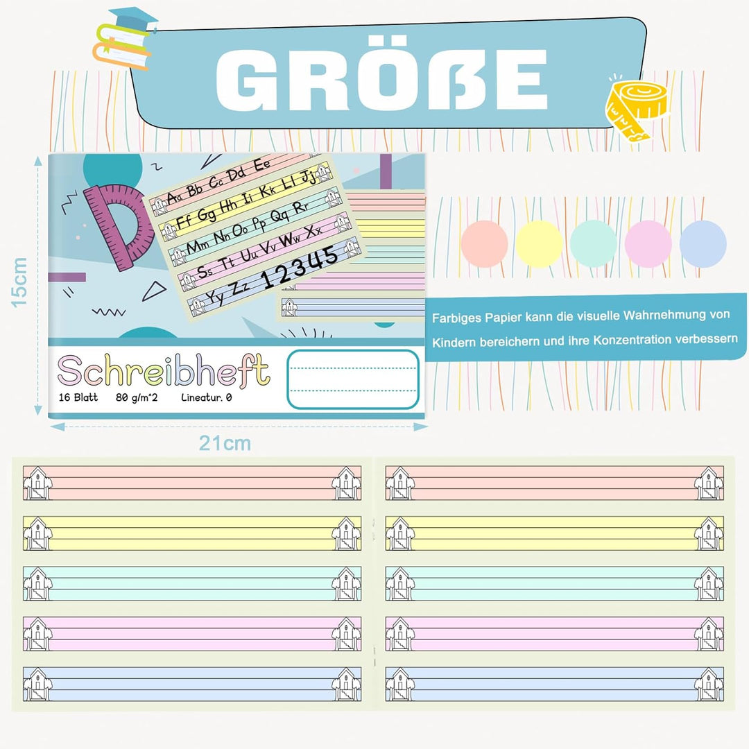 10 Stück Farbe Schreibheft A5 Quer Lineatur 0 für 1. Schuljahr Lernheft Schreiblernheft Notizbuch fü