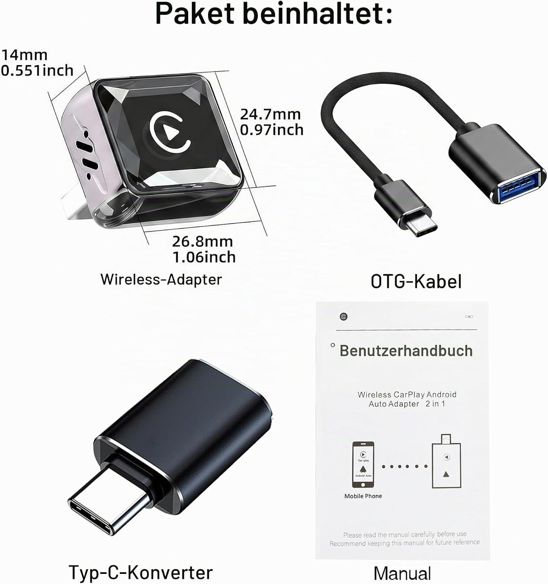GemCoo 2-in-1 Wireless CarPlay Android Auto Adapter für Autos mit Kabel | iOS 10 / Android 11 kompat
