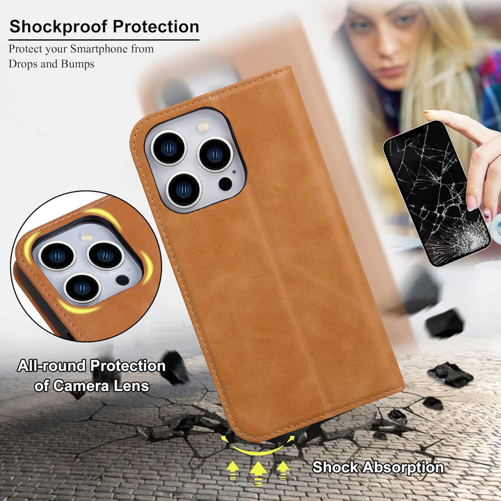 VISOUL Hülle für iPhone 14 Pro Handyhülle [Echtleder] [3 Kartenfächer] [Magnet] [Standfunktion], TPU