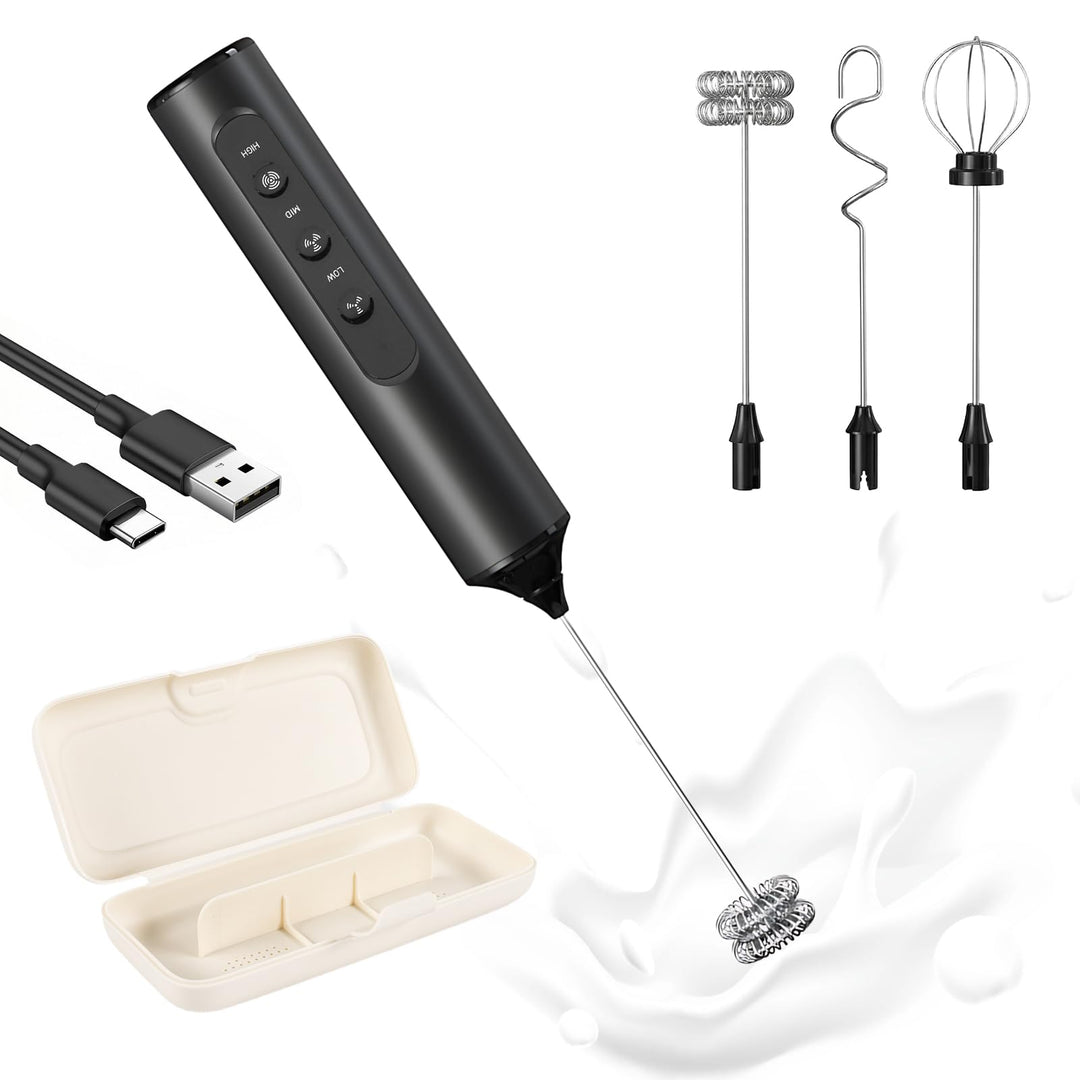 Milchaufschäumer Elektrisch 3-in-1 Set mit Tragbarem Aufbewahrungsetui, Wiederaufladbarer Milchschäu