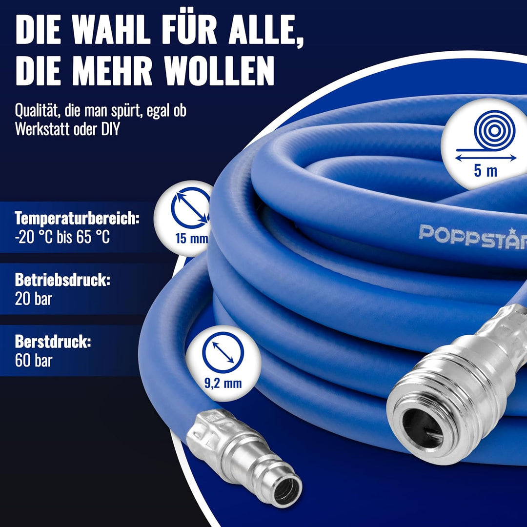 Poppstar Druckluftschlauch 5 m (Hybrid PVC mit Gewebe, Innendurchmesser 9,2mm mit Schnellkupplung &
