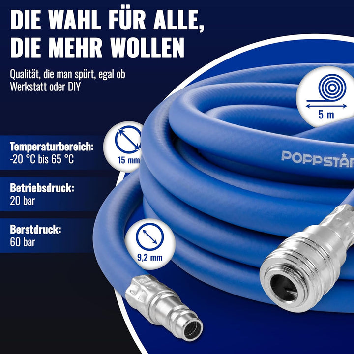 Poppstar Druckluftschlauch 5 m (Hybrid PVC mit Gewebe, Innendurchmesser 9,2mm mit Schnellkupplung &
