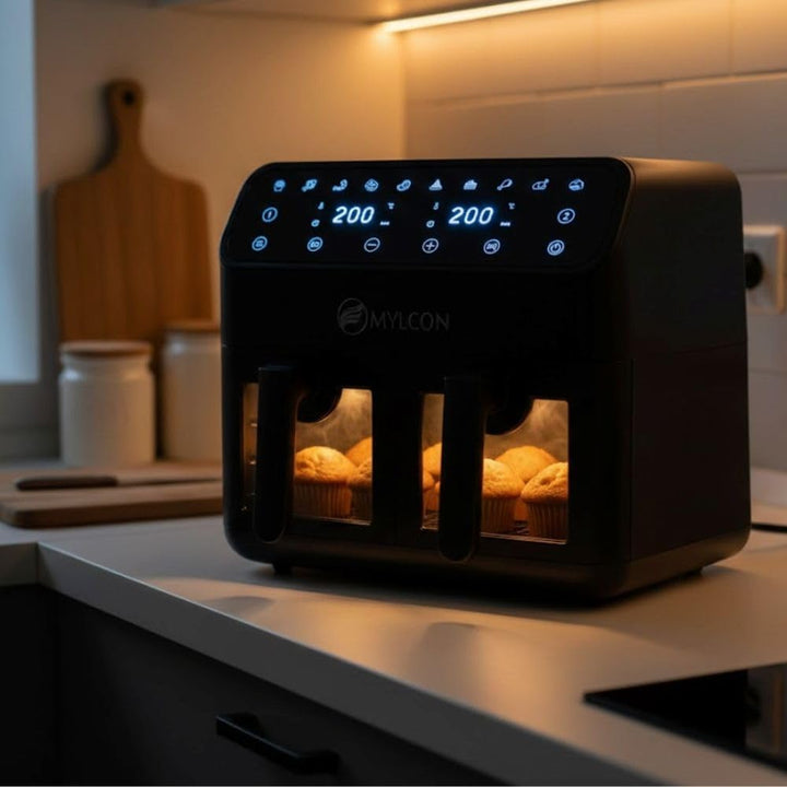 Crispyo Heissluftfritteuse Doppelkammer mit Sichtfenster, 8L (2 x 4L), 10 Programme, Touch-Bedienung