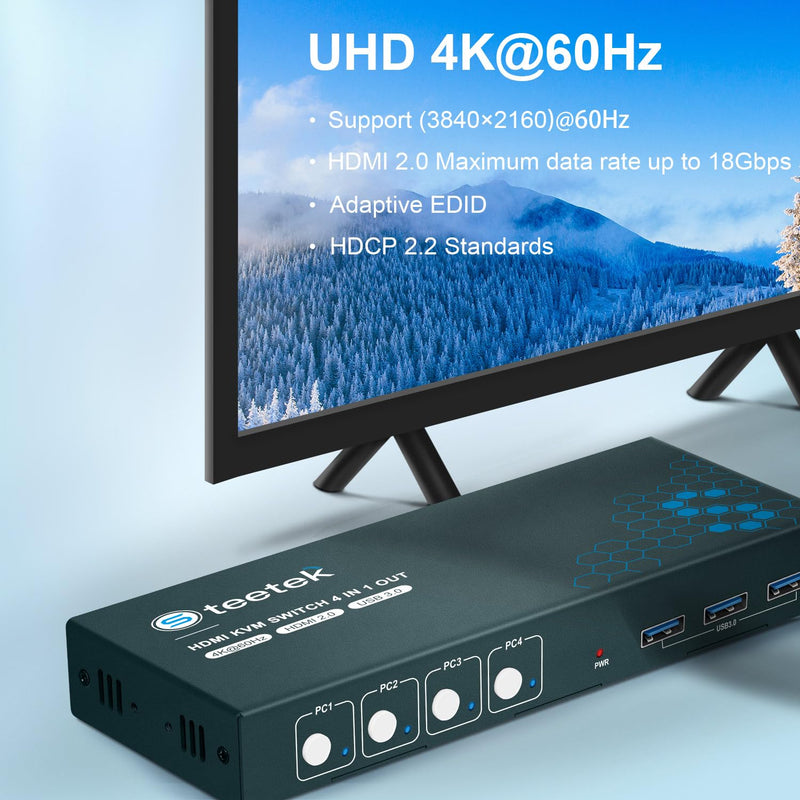 4 Port HDMI KVM Switch 4 PC 1 Monitor, USB 3.0 KVM Switch 4K@60Hz für 4 Computer teilen sich 1 Tasta