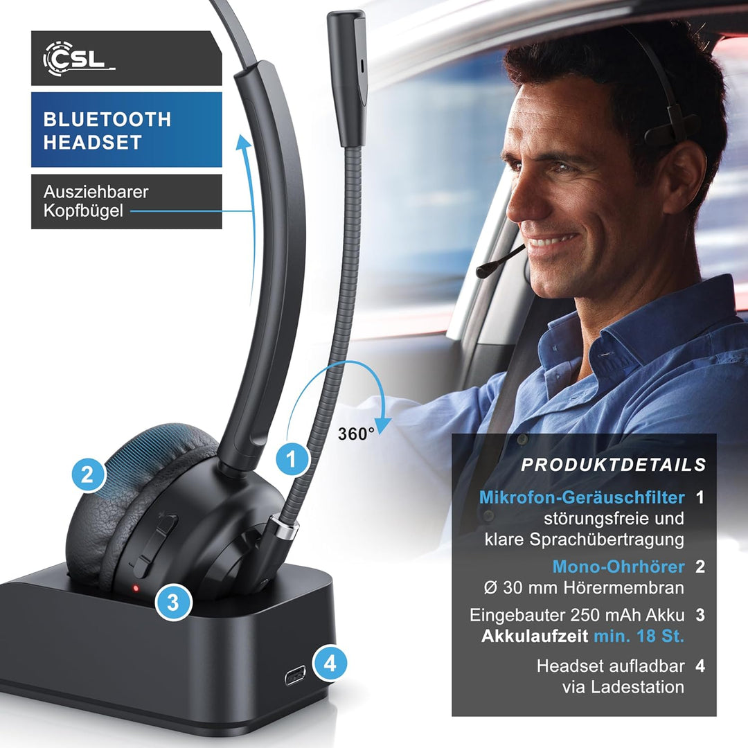 CSL - Bluetooth 5.3 Headset mit Ladestation - PC Headset mit flexiblem Mikrofon - Multipoint - kabel