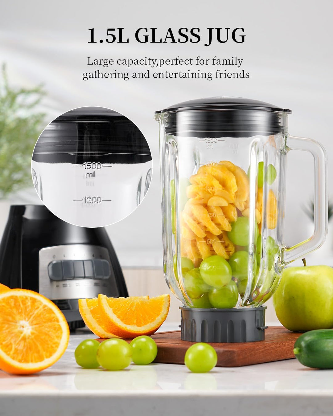 SHARDOR Standmixer, 700 W Spitzenleistung smoothie maker mit 1,5-Liter-Glasbehälter, Edelstahl 6-Kli