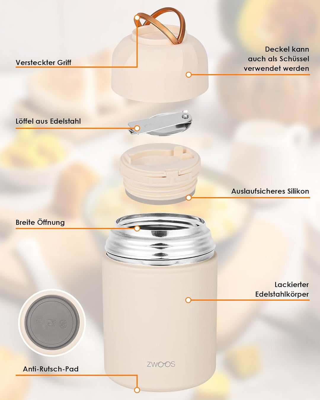ZWOOS Thermoskanne für Lebensmittel, 850 ml, Edelstahl, isoliert, mit Griff, isolierte Lebensmittelb