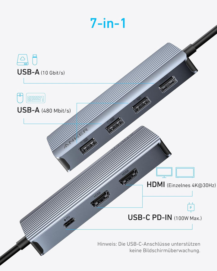 Anker 7-in-1 USB-C Hub, Dual Display USB-C Docking Station, Dual HDMI Display, 100W Stromzufuhr, 10G