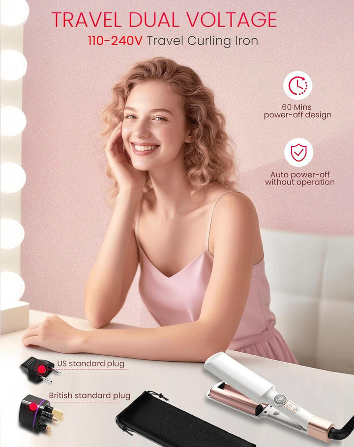 UKLISS Welleneisen - Pro Mini Welleneisen für Haare mit 2 Reiseadaptern, LCD-Anzeige [120-210℃] Beac
