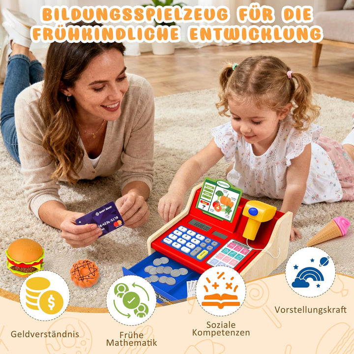 MOMOSTAR Kinderkasse, Spielkasse Kinder mit Scanner und Sound, Kasse Spielzeug Holz mit Spielgeld Ei