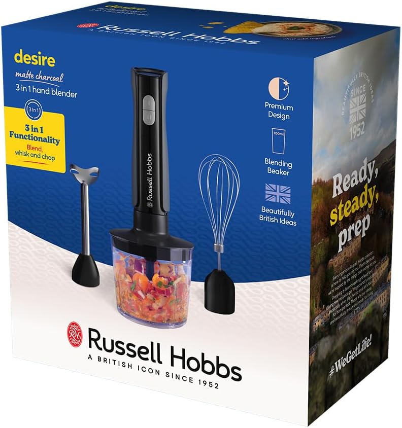 Russell Hobbs Stabmixer [3in1 Handmixer] elektrischer Zerkleinerer (Küchenmaschine mit 3 Aufsätzen f