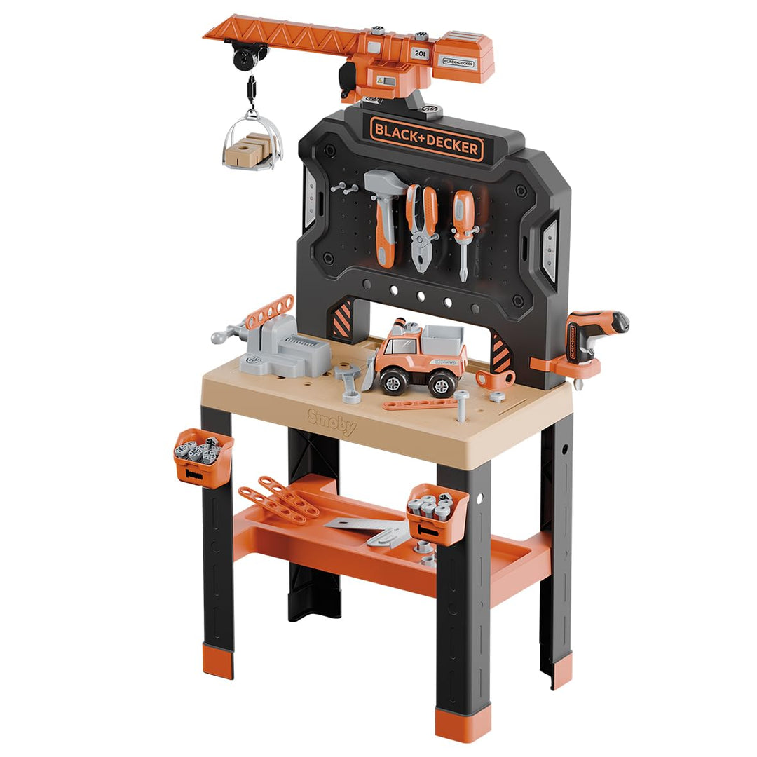 Smoby – Black+Decker Kinderwerkbank mit Kran – 87 Zubehörteile inkl. 7 Werkzeuge wie Säge, Schraubst
