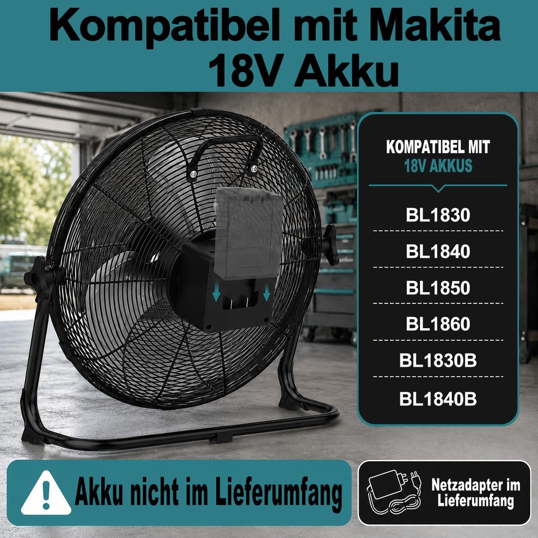 Bodenventilator 30 cm, Ventilator mit Typ C und USB-Aufladung für Adapter und Makita (Kein Akku), 15