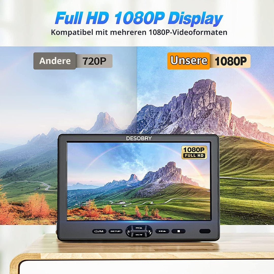 DESOBRY Auto DVD Player 10,5 Zoll 2 Monitore Kopfstütze 2 Kopfhörer HDMI Eingang AV Kabel, Kinder Fe
