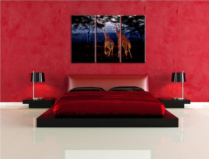 Dark anmutige Giraffen in der Savanne NewArt 3-Teiler Leinwandbild 120x80 Bild auf Leinwand, XXL rie